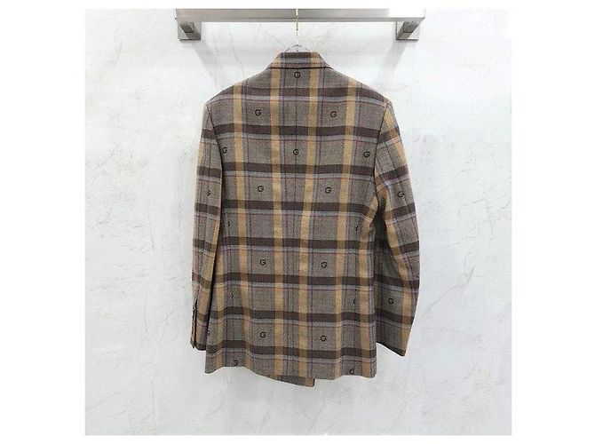 Gucci Embroidered Pattern Brown Check Double-Breasted Jacket - view 2