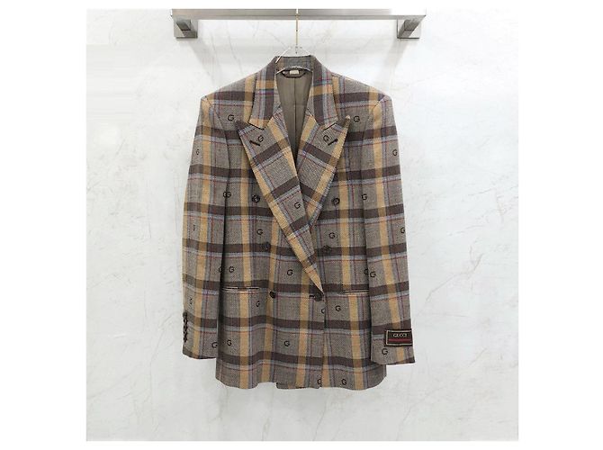 Gucci Embroidered Pattern Brown Check Double-Breasted Jacket - view 6