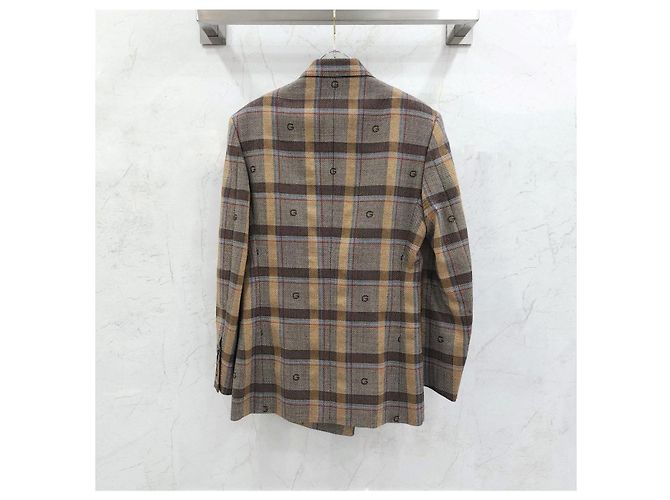 Gucci Embroidered Pattern Brown Check Double-Breasted Jacket - view 7
