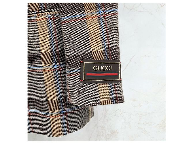 Gucci Embroidered Pattern Brown Check Double-Breasted Jacket - view 9