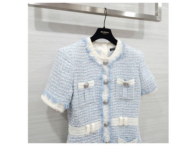 Balmain Vestido mini de tweed azul claro con botones - vista 12