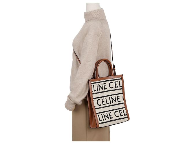 Cabas Céline Borsa Tote Small Vertical All Over Textile in vitello Tan - vista 8