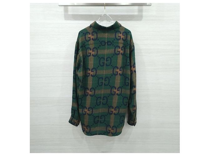 Gucci Camicia in lana Jumbo GG Check Verde Blu - vista 2