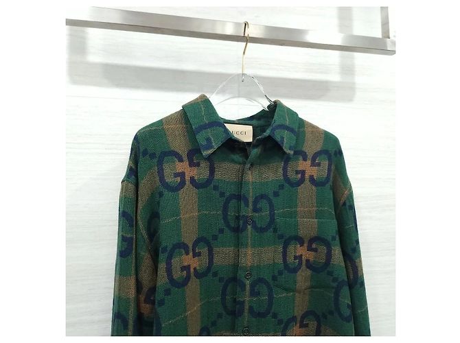 Gucci Camicia in lana Jumbo GG Check Verde Blu - vista 3