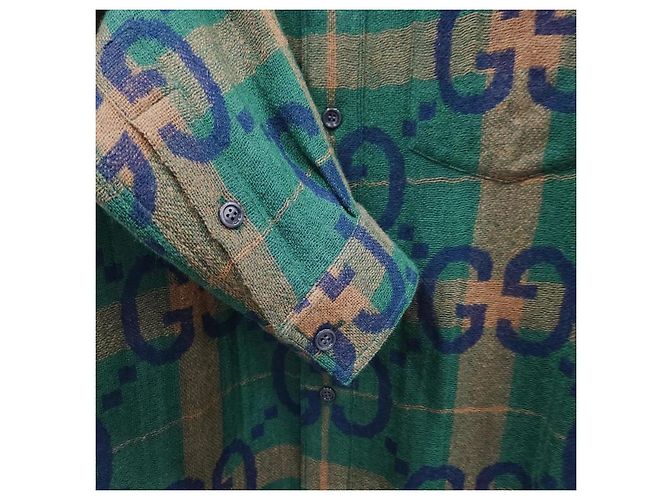 Gucci Camicia in lana Jumbo GG Check Verde Blu - vista 4