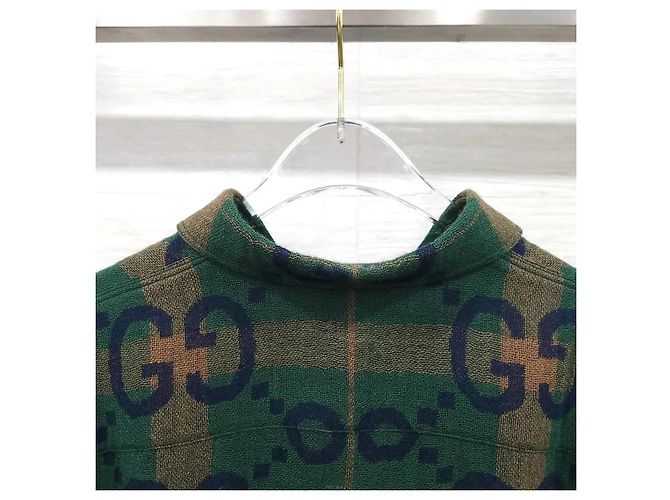 Gucci Camicia in lana Jumbo GG Check Verde Blu - vista 5