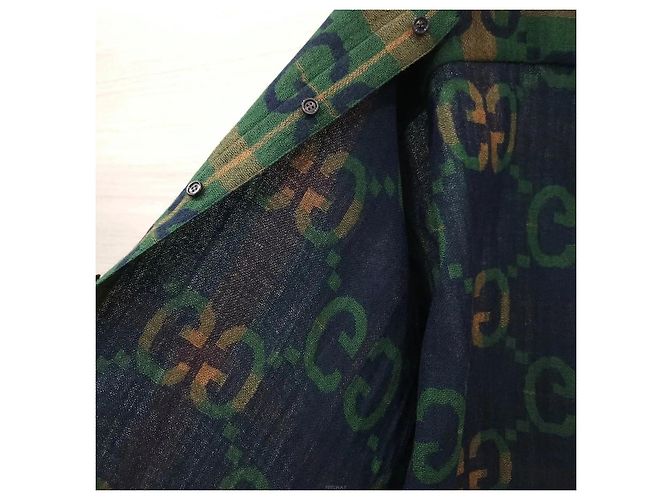 Gucci Camicia in lana Jumbo GG Check Verde Blu - vista 6