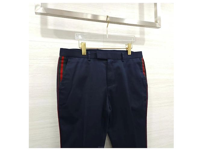 Gucci Pantaloni in twill di cotone blu navy con strisce laterali web - vista 3