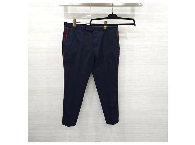 Gucci Pantaloni in twill di cotone blu navy con strisce laterali web - vista 7