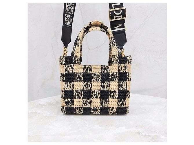 Loewe Mini borsa tote a scacchi in rafia - vista 3