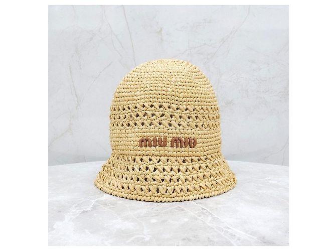 Miu Miu Cappello a secchiello in rafia Logo - vista 10