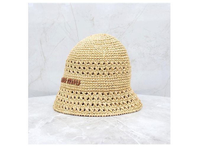 Miu Miu Cappello a secchiello in rafia Logo - vista 11