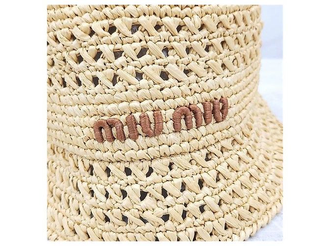 Miu Miu Cappello a secchiello in rafia Logo - vista 4