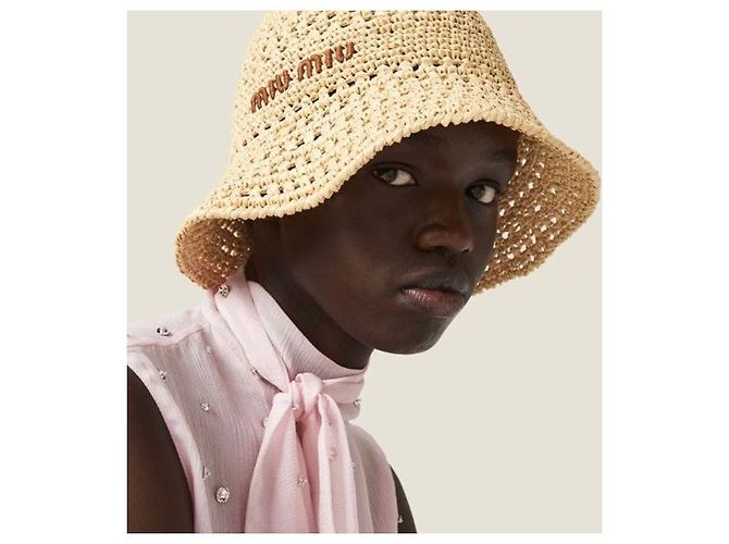 Miu Miu Cappello a secchiello in rafia Logo - vista 9