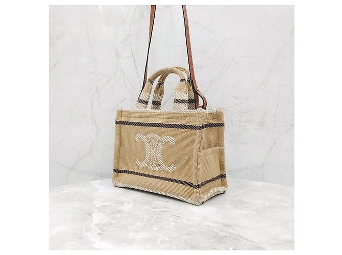 Céline Small Cabas Tie Triomphe Textile Beige - vista 12