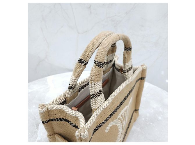 Céline Small Cabas Tie Triomphe Textile Beige - vista 14