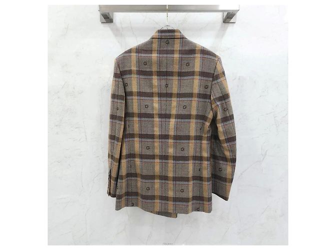 Gucci Embroidered Pattern Brown Check Double-Breasted Jacket - view 2