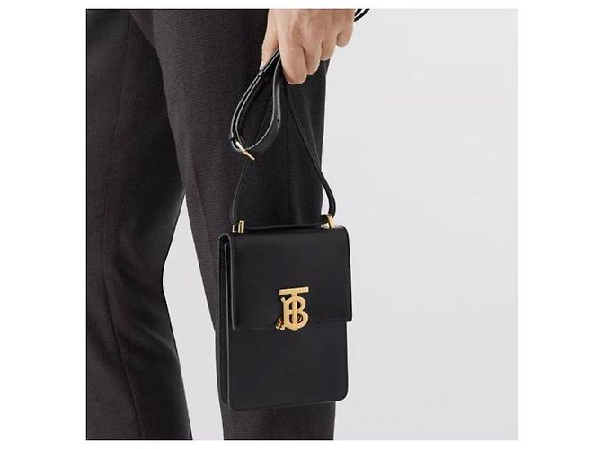 Burberry Mini Borsa a Tracolla Robin in Pelle Liscia Nera Placcata Oro - vista 10