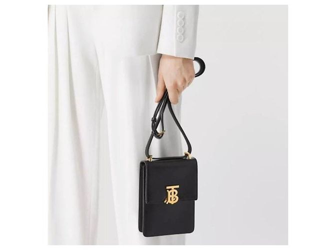 Burberry Mini Borsa a Tracolla Robin in Pelle Liscia Nera Placcata Oro - vista 11