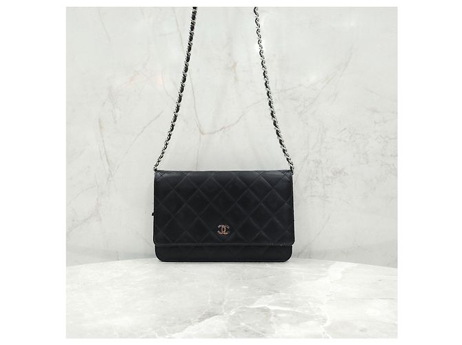 Chanel Borsa Crossbody WOC con Catena Nero Argento Lambskin - vista 11