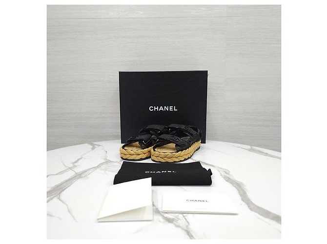 Chanel Sandali in mesh e rafia con Velcro Nero - vista 7