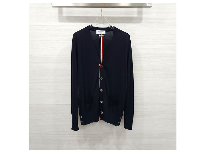Thom Browne Three Stripe Back Stripe Wool Cardigan Navy - view 7