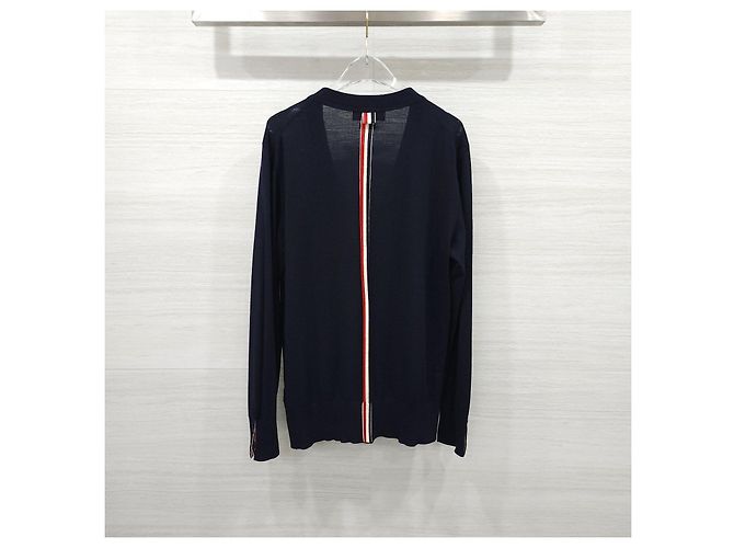Thom Browne Three Stripe Back Stripe Wool Cardigan Navy - view 8