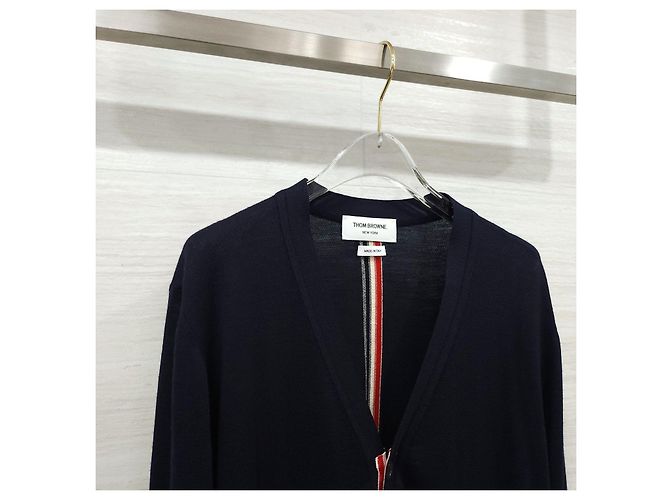 Thom Browne Three Stripe Back Stripe Wool Cardigan Navy - view 9