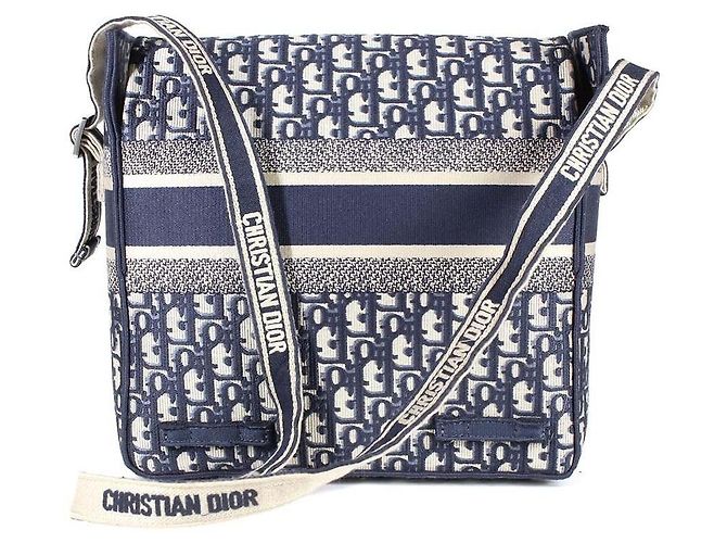 Christian Dior Borsa a Tracolla Oblique Toile Monogramme Blu e Beige - vista 3