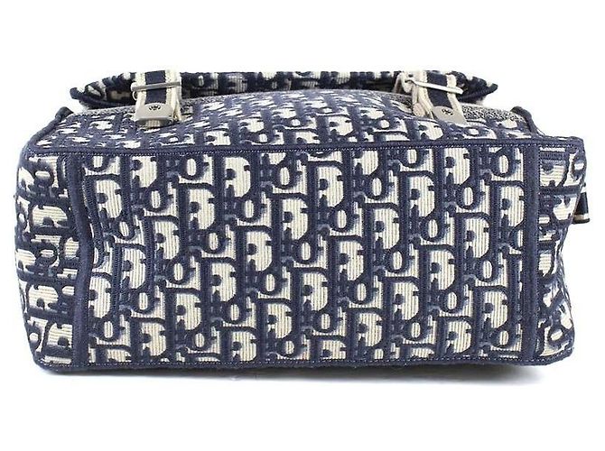 Christian Dior Borsa a Tracolla Oblique Toile Monogramme Blu e Beige - vista 4