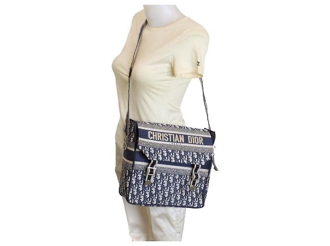 Christian Dior Borsa a Tracolla Oblique Toile Monogramme Blu e Beige - vista 9