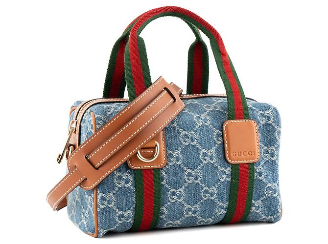 GUCCI - Borsa a tracolla Gucci Boston in denim blu e pelle marrone - vista 2