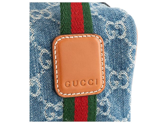 GUCCI - Borsa a tracolla Gucci Boston in denim blu e pelle marrone - vista 5