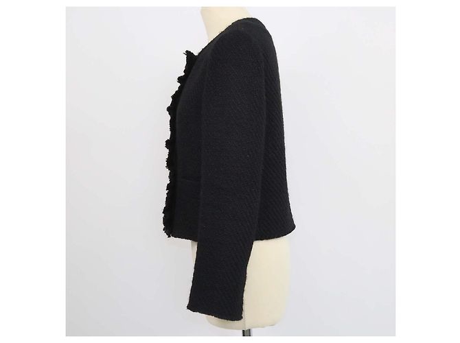 Prada Crop-Jacke aus schwarzem Tweed mit Rüschenbesatz - Ansicht 2
