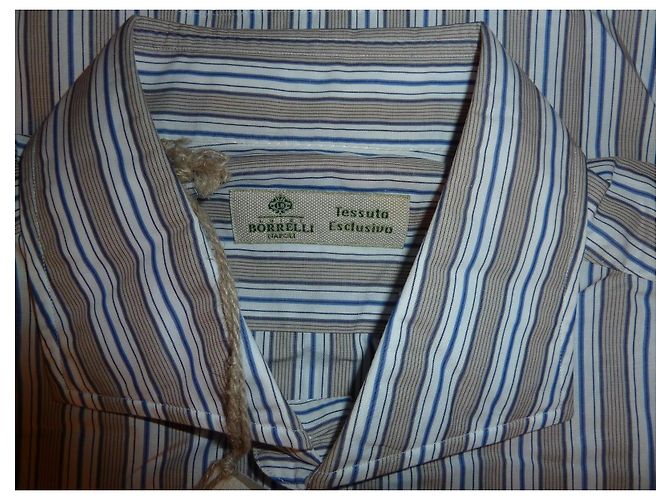 Autre Marque Luigi Borrelli Camicia a righe in cotone blu e marrone 43 - vista 10