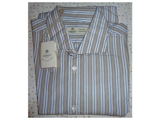 Autre Marque Luigi Borrelli Camicia a righe in cotone blu e marrone 43 - vista 11