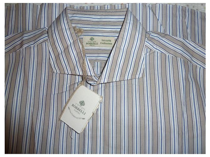 Autre Marque Luigi Borrelli Camicia a righe in cotone blu e marrone 43 - vista 9