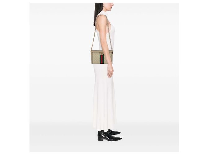 Gucci Borsa a tracolla con catena Ophidia Small GG Supreme Web Marrone - vista 6
