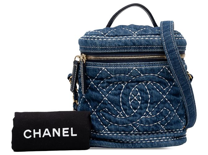 Vanity Necessaire Chanel Blue Quilted Denim Trip con catena - vista 7