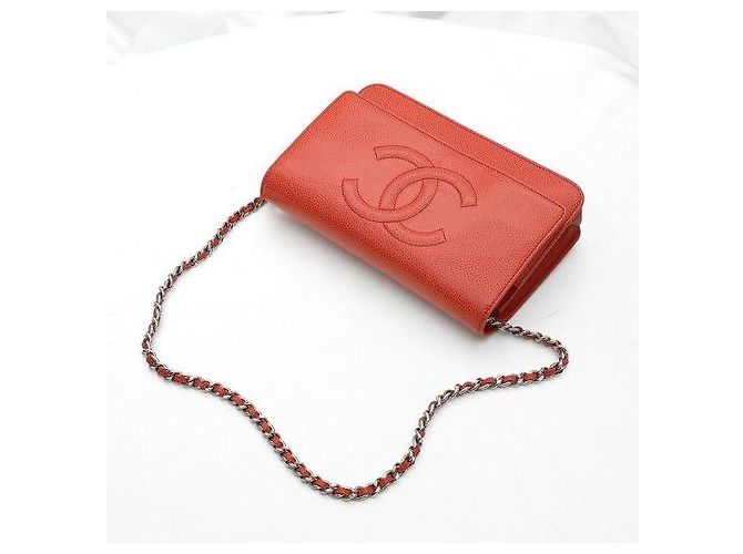 Wallet On Chain Chanel Borsa a tracolla WOC Signature in caviale rosso e argento - vista 5