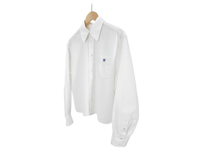 Céline Camisa corta de algodón de manga larga con bolsillo bordado Triomphe para mujer, Blanco - vista 2