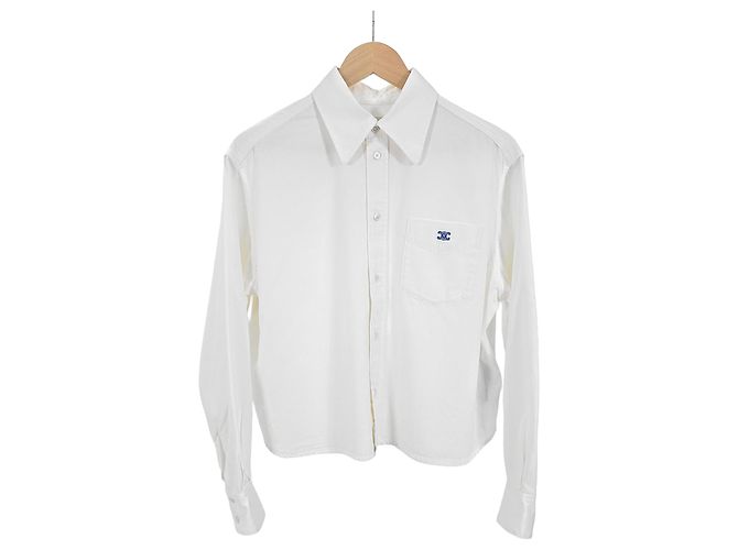 Céline Camisa corta de algodón de manga larga con bolsillo bordado Triomphe para mujer, Blanco - vista 4