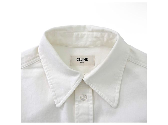 Céline Camisa corta de algodón de manga larga con bolsillo bordado Triomphe para mujer, Blanco - vista 9