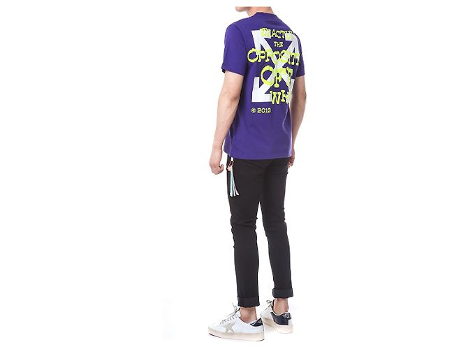 Off White Kurzarm-T-Shirt mit Neon-Velours-Schriftzug - Ansicht 10
