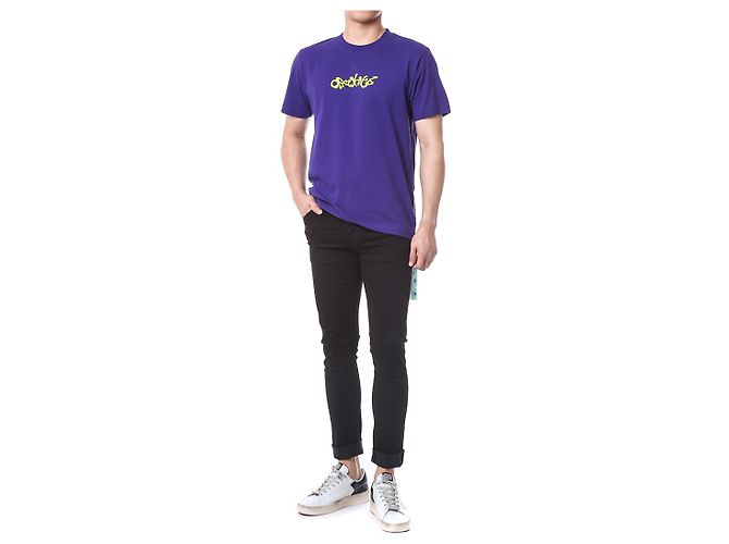 Off White Kurzarm-T-Shirt mit Neon-Velours-Schriftzug - Ansicht 2