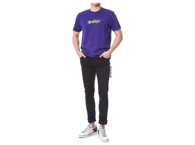 Off White Kurzarm-T-Shirt mit Neon-Velours-Schriftzug - Ansicht 3
