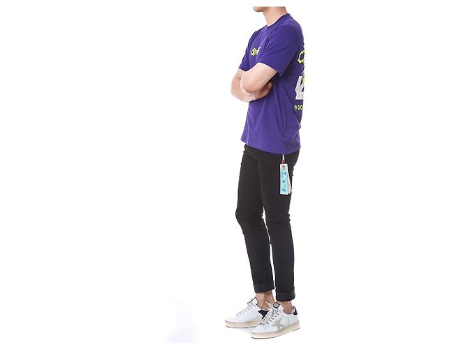 Off White Kurzarm-T-Shirt mit Neon-Velours-Schriftzug - Ansicht 8