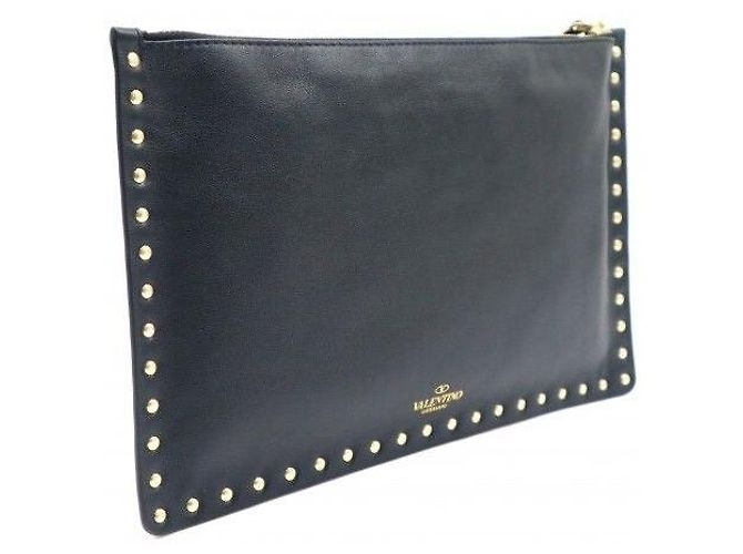 Valentino Clutch Pouch Rockstud in pelle di vitello nera e oro - vista 3