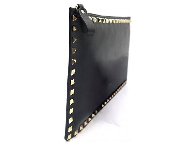 Valentino Clutch Pouch Rockstud in pelle di vitello nera e oro - vista 7