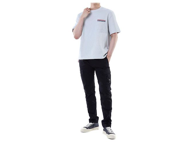 Thom Browne T-shirt redonda de lin e algodão com riscas e bolso - vista 11